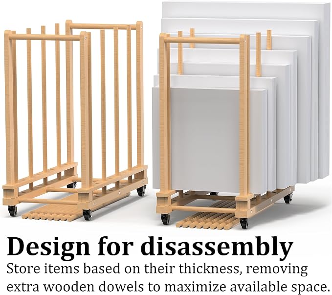 Art Storage Rack with Wheels & Handle- Beech Wood Canvas Organizer & Artwork Storage Organizer for Drawing Board, Panel, Paper Pad for Art Studios, Artworks, Gallery, Classroom - Image 3