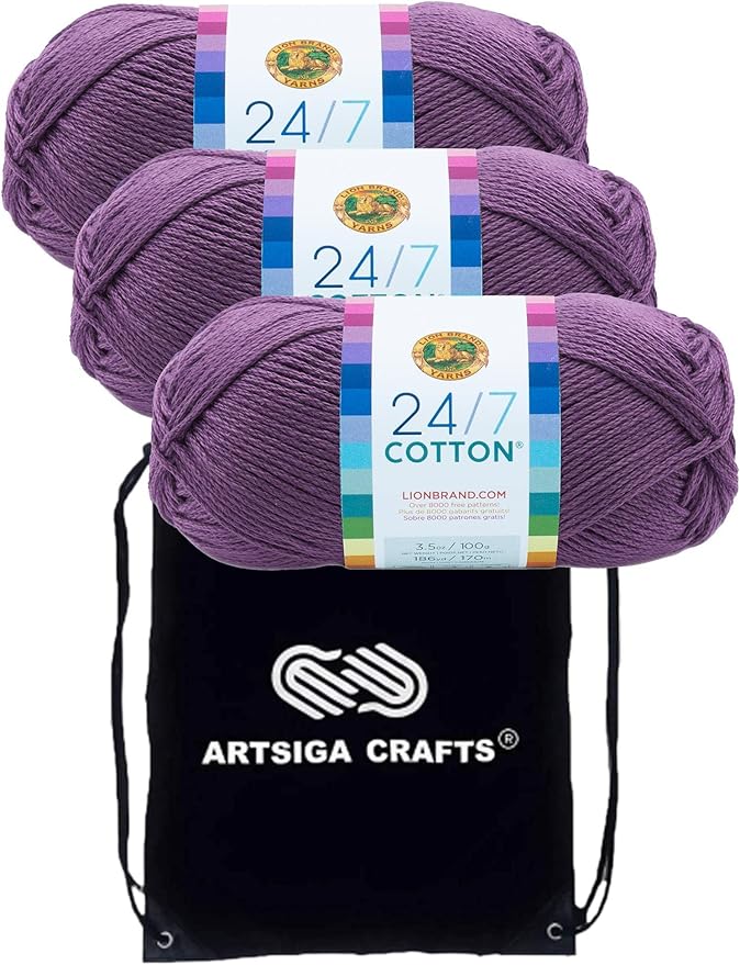 Lion Brand Yarn 24/7 Cotton 761-147 Purple | 3 Skeins, Same Dye Lot, Project Bag, CYC #4 Worsted, 100% Mercerized Cotton, Ideal for Crochet, Knitting Amigurumi, Toys by LionBrandYarn