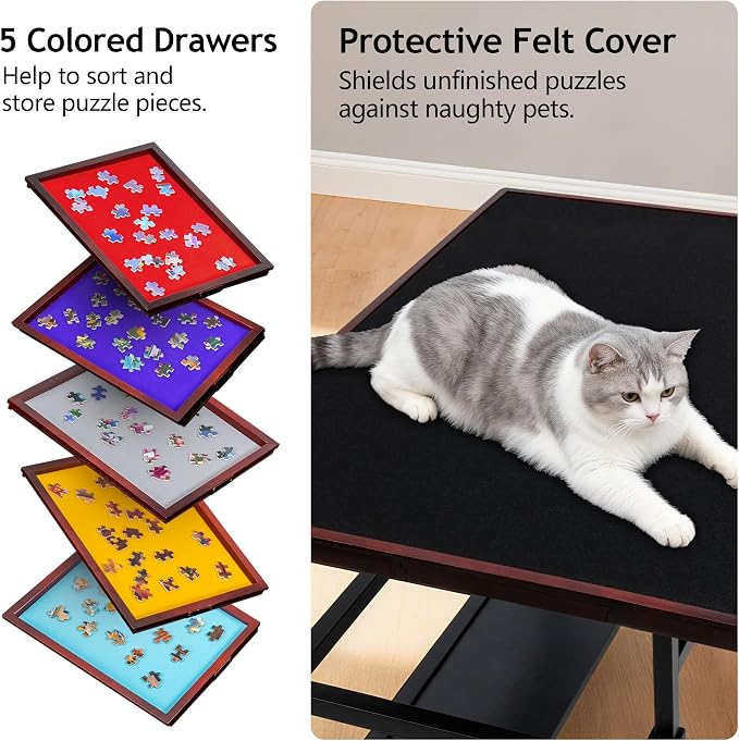 LAVIEVERT 1500 Piece Tilting Puzzle Table with 5 Colored Drawers & Cover | Angle & Height Adjustable Puzzle Board with Storage Shelf, Portable Wooden Jigsaw Table with Legs & 4 Wheels for Adults - Image 6