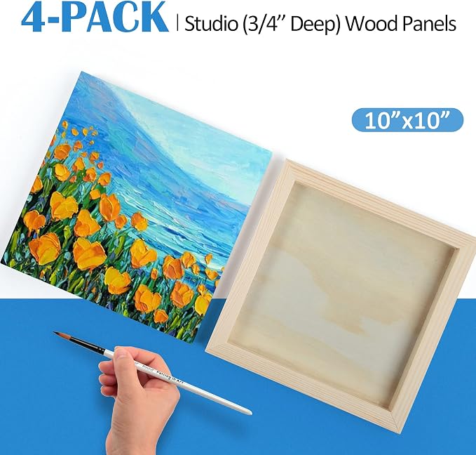 4 Pack 10x10’’ Unfinished Birch Wood Panels Kit for Painting | Studio 3/4’’ Deep Wooden Canvas, Cradle Boards for Acrylic Pouring, Art, Crafts, Epoxy Resin, Laser Engraving Cutting - Image 5