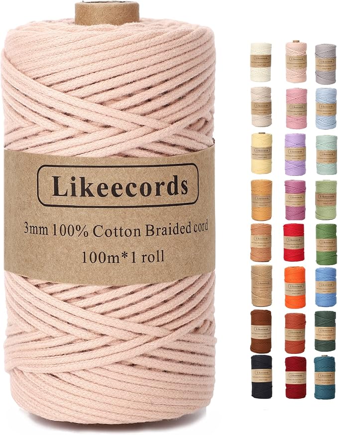 Braided Cotton Cord 3mm×109 Yards Natural Macrame Cotton Cord Bohemia Macrame Rope for Handmade Plant Hangers Wall (Lotus Pink) by Likeecords