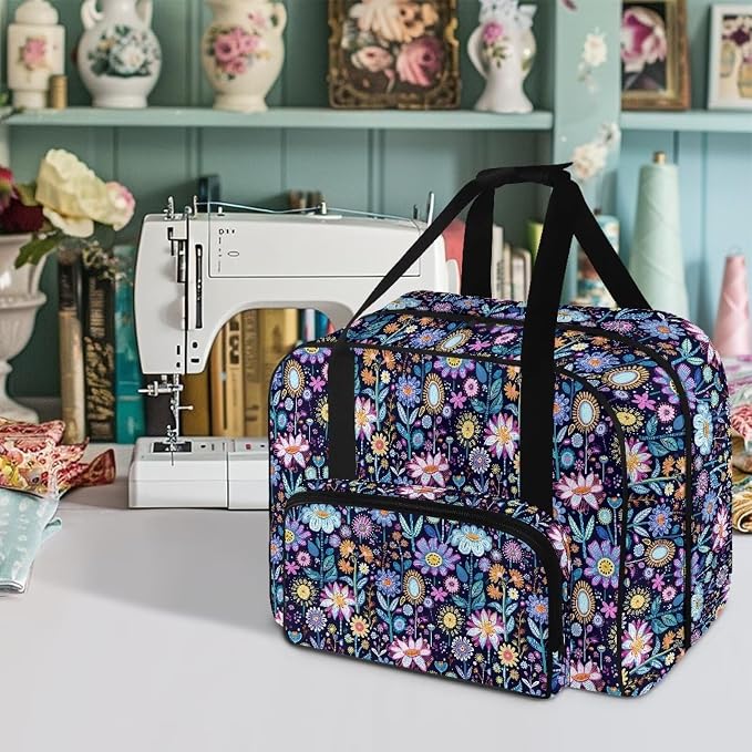 Sewing Machine Case Portable Sewing Machine Carrying Bag Large Capacity Storage Bag Universal Sewing Machine Organizer Bag, Hippie Flower Lotus Blue - Image 2