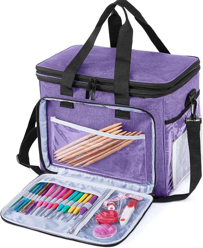 Teamoy Crochet Bag, Knitting Bag Yarn Storage Tote, Yarn Organizer, Purple | Yarn Holder for Crocheting, with Inner Divider and Cover, for Yarn Skeins, Project, Knitting Needles, and Crochet Supplies - Image 4