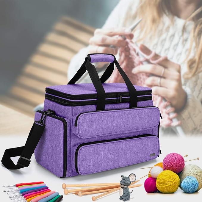 Yarwo Large Crochet Bag Knitting Tote, Yarn Storage Bag with Shoulder Strap | Organizer for Knitting Needles & Crochet Hook(Up to 14”), Clear Top Lid, Unfinished Project Compartment, 4 Yarn Holes, Purple - Image 8