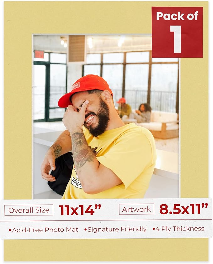 8.5x11 Mat for 11x14 Frame - Precut Mat Board Acid-Free Show Kit with Backing Board, and Clear Bags Soft Yellow 8.5x11 Photo Matte Made to Fit a 11x14 Picture Frame Matboard for Framing, Pack of 1 Mat by PosterPalooza