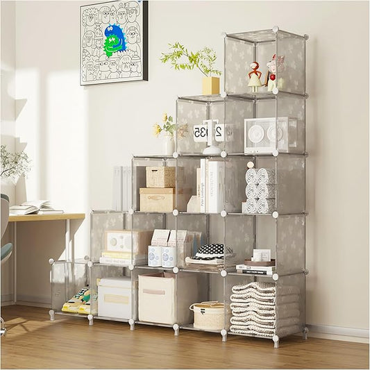 UNKU Cube Storage Organizer, 16 Cube Closet Organizer Storage Shelves, DIY Stackable Bookcase, Clothes Organizer Shelf for Closet, Bedroom, Living Room, Cabinet, Home, Office, Translucent
