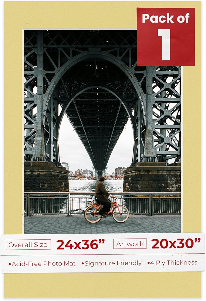 20x30 Mat for 24x36 Frame - Precut Mat Board Acid-Free Soft Yellow 20x30 Photo Matte For a 24x36 Picture Frame, Premium Matboard for Family Photos, Show Kits, Art, Picture Framing, Pack of 1 Mat by PosterPalooza