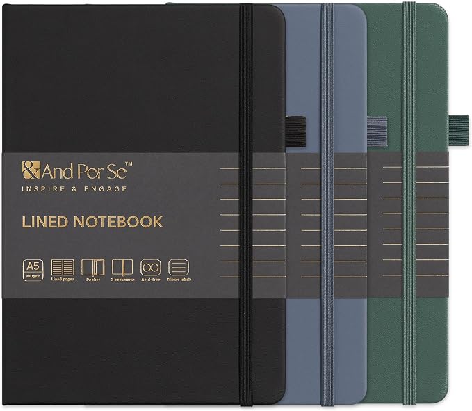 &And Per Se Lined Notebooks 3-Pack Gift Set, A5 Hardcover Journals, 160 Pages 100gsm Thick Paper, 3 Assorted Colors (Black, Blue, Green) by AndPerSe