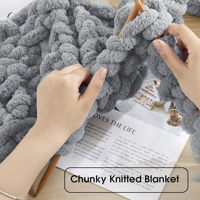HOMBYS Light Grey Chunky Chenille Yarn for Crocheting, Bulky Thick Fluffy Yarn for Knitting,Super Bulky Chunky Yarn for Hand Knitting Blanket, Soft Plush Yarn, 12 Jumbo Pack (27yds,8 oz Each Skein) - Image 4