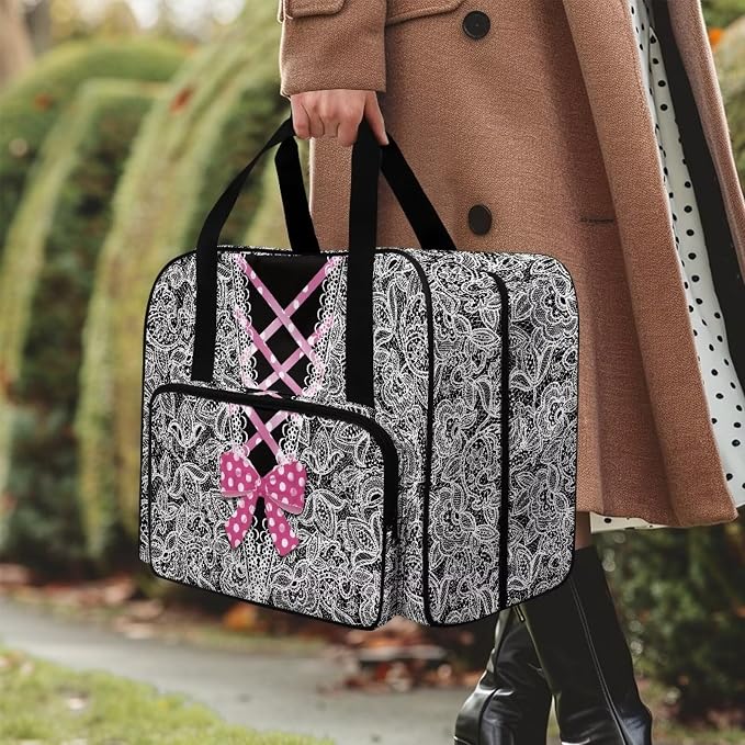 Sewing Machine Tote Bag Universal Sewing Storage Dust Bag Versatile Sewing Machine Carrying Case Portable Sewing Machine Organizer Bag, V-Neck Bow Lace Print - Image 3