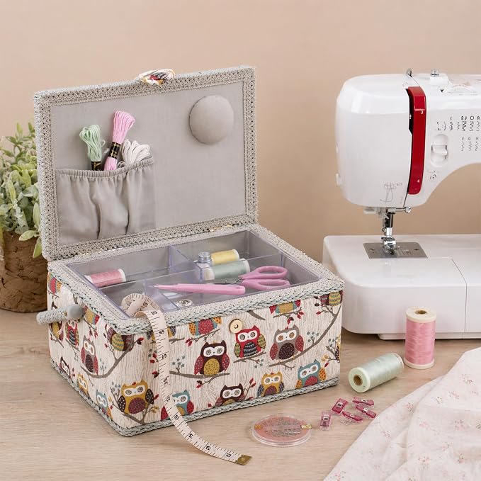 Hobby Gift Medium Sewing Box Organiser | Fabric Covered Storage Box, Handle, Internal Tray, Pin Cushion and Pocket, For Sewing, Quilting and Knitting Supplies - Image 8