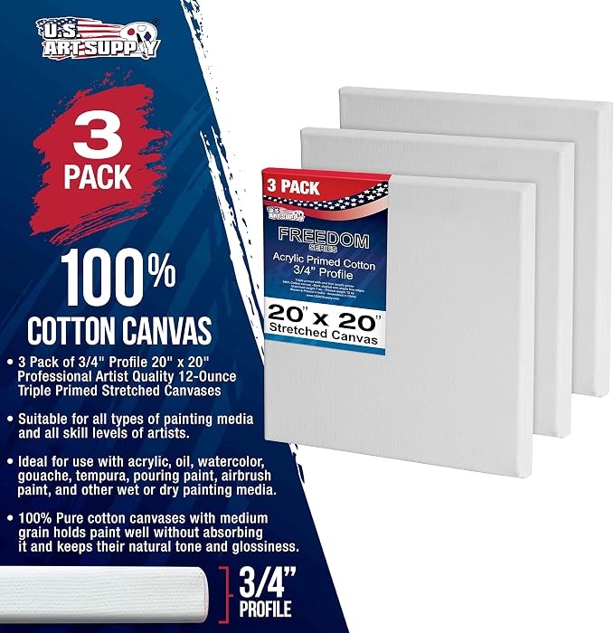 U.S. Art Supply 20 x 20 inch Stretched Canvas 12-Ounce Triple Primed, 3-Pack - Professional Artist Quality White Blank 3/4" Profile, 100% Cotton, Heavy-Weight Gesso - Acrylic Pouring, Oil Painting - Image 2