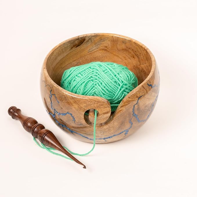 Cute Wooden Yarn Bowl for Crocheting, 7x4inch Large Mango wood Crochet Holder Gift Accessories and Knitting Gadgets Supplies Handcrafted with Fractal Wood Burning & Blue Resin Inlay (M-Blue) - Image 3