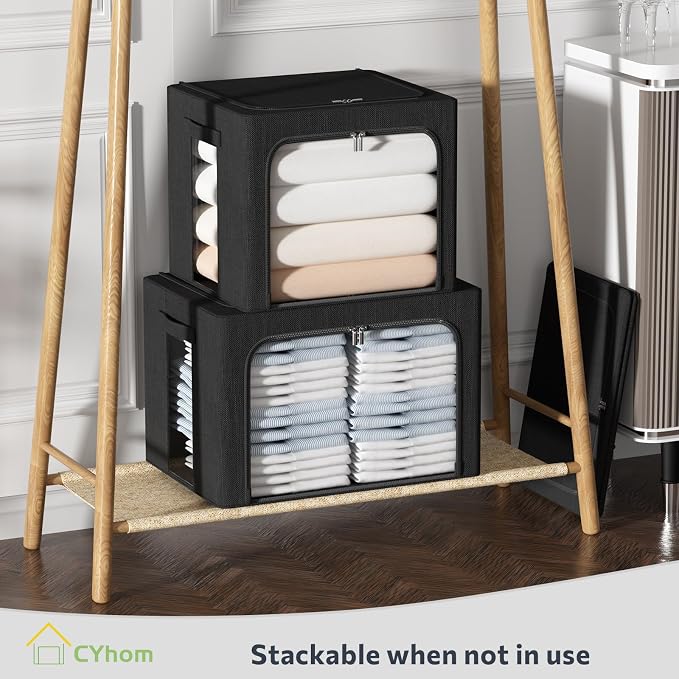 CYhom 3Pack Foldable Storage Bins - Frame Storage Box Linen Fabric Stackable Clothes Container Organizer with Clear Window & Carry Handles Large Capacity (Extra Large-100L, Black) - Image 6