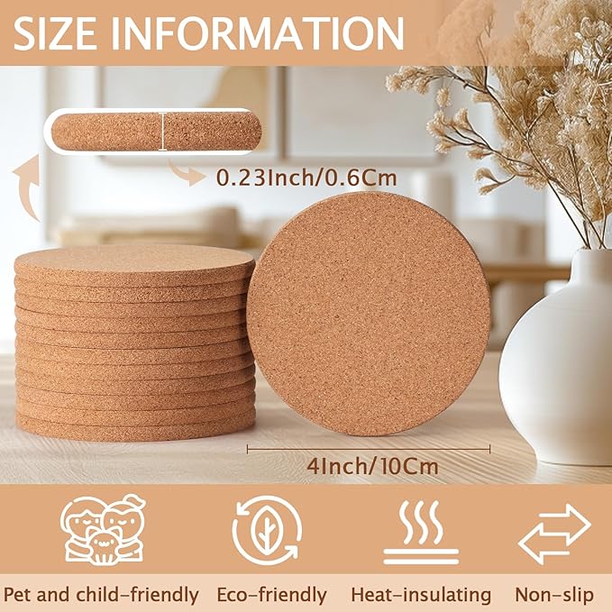 100 PCS Cork Coasters for Laser Engraving, Thick Absorbent Blank Coasters | 4 Inch Heat Resistant Coffee Table Coaster Bulk Plant Saucers Home Decor for Wood Burning, DIY Crafts, Wedding, Party, Round - Image 2