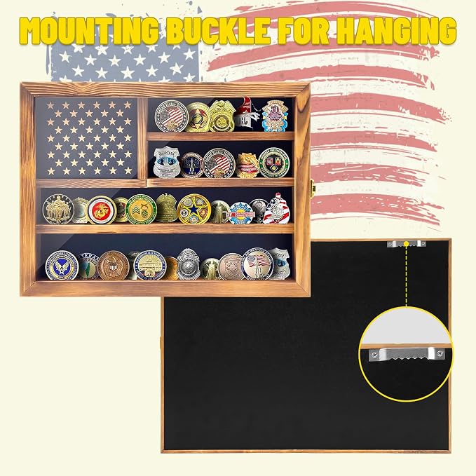 Challenge Coin Display, Solid Pine Wood Military Coin Holder Display, Holds Up to 65 Coins, Lockable Wall Mounted Coin Display Case with Removable Star Panel & Clear Acrylic Door - Image 5