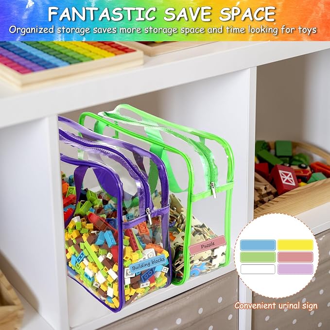 6 Packs Large Toy Storage Bags with Labels, Reusable Clear PVC Board Game Storage, Travel Waterproof Organizer Bags with Zipper for Building Blocks, Puzzle, Kids Books（6 Colors） - Image 6
