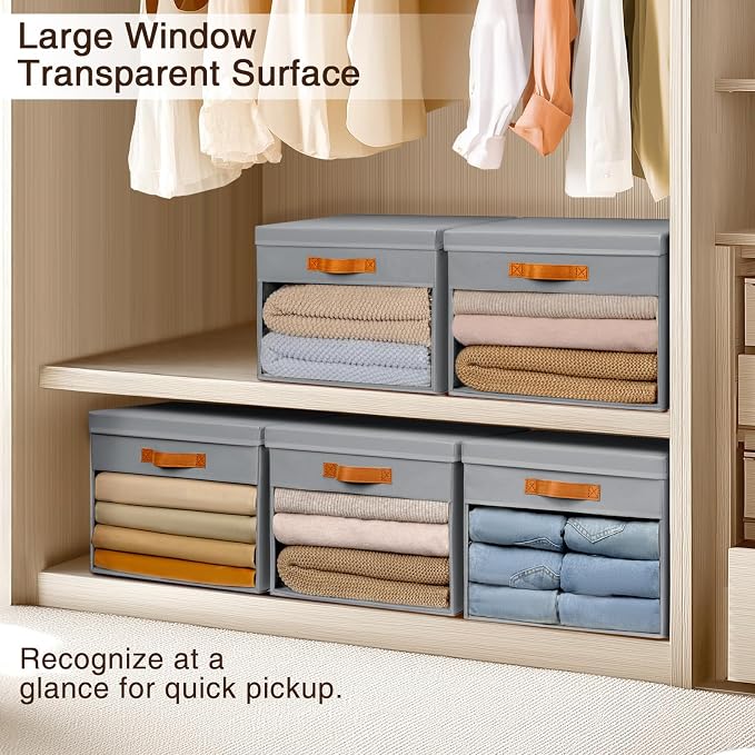 Large Storage Bins with Lids - 4 Pack Foldable Decorative Organizers with Clear Windows & Handles, Cube Storage Organizers for Clothes, Blankets, Sweaters, Sheets, Grey - Image 4