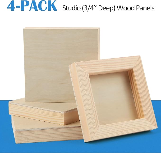 4 Pack 4x4’’ Unfinished Birch Wood Panels Kit for Painting | Studio 3/4’’ Deep Wooden Canvas, Cradle Boards for Acrylic Pouring, Art, Crafts, Epoxy Resin, Laser Engraving Cutting - Image 7