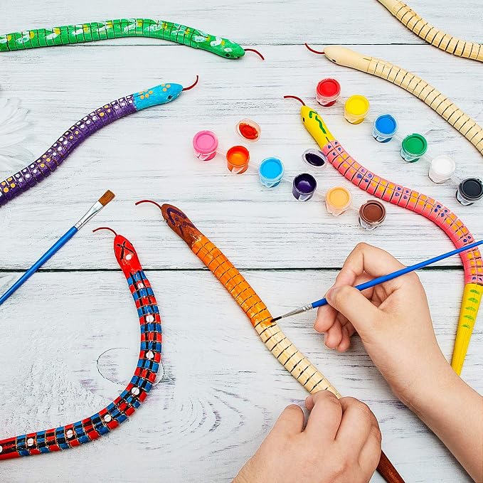 BBTO 10 Pieces Wooden Snake Unfinished Wooden Wiggly Snake Jointed Flexible Wooden Snake with 12 Colors Acrylic Craft Paint and Paint Brush for Arts and Crafts Halloween Party Decoration - Image 3