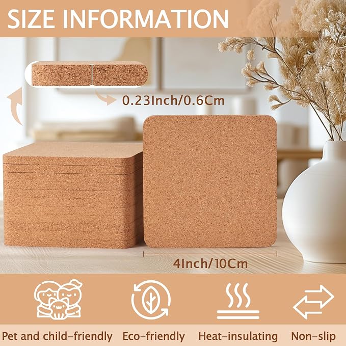 60 PCS Cork Coasters for Laser Engraving, Thick Absorbent Blank Coasters | 4 Inch Heat Resistant Coffee Table Coaster Bulk Plant Saucers Home Decor for Wood Burning, DIY Crafts, Wedding, Party, Square - Image 2