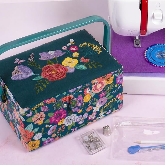 Hobby Gift Medium Sewing Box Organiser, Fabric Covered Storage Box with Handle, Internal Tray, Pin Cushion and Pocket for Sewing, Quilting and Knitting Supplies - Image 8