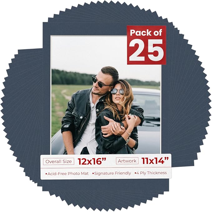 11x14 Mat for 12x16 Frame - Precut Mat Board Acid-Free Show Kit with Backing Board, and Clear Bags Navy 11x14 Photo Matte Made to Fit a 12x16 Picture Frame Matboard for Framing, Pack of 25 Mats by PosterPalooza