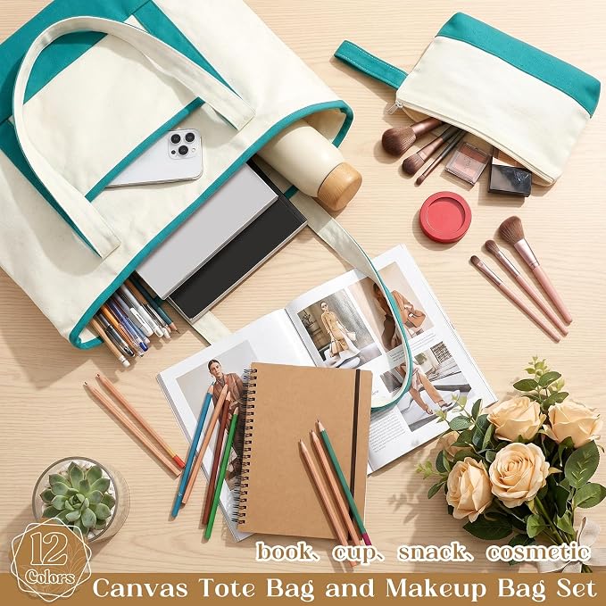Sanwuta 24 Pcs Canvas Tote Bags Bulk with Outer Pocket and Makeup Pouch 18'' Reusable Grocery Bags with Handles for Women Beach DIY (Assorted) - Image 7