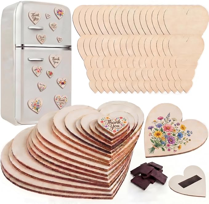 Qunclay 80 Pcs 5 Sizes Wooden Heart Magnets for Crafts, Unfinished Wood Hearts Bulk, DIY Fridge Magnets, for Painting, Gift, Mother's Day, Father's Day, Wedding, Home, Party Decorations by Qunclay