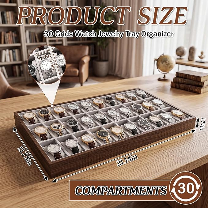 Sintuff 1 Pcs 30 Grids Watch Jewelry Tray Organizer Jewelry Box Organizer with Velvet Lining Display Holder for Men Women Storage - Image 2