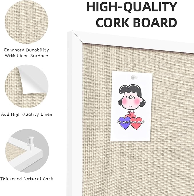 17"x23" White Framed Natural Wood Tone Bulletin Board, Pin Board | Linen corkboard texture. Premium cork boards for walls and pin board office organizer. - Image 3