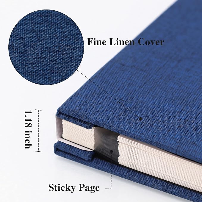 Vienrose Large Self Adhesive Photo Album with Window 11x10.6 60 Pages Blue | Linen Cover, Scrapbook, Fits 4X6 8X10 Pictures, Metallic Pen Included, Diy - Image 3