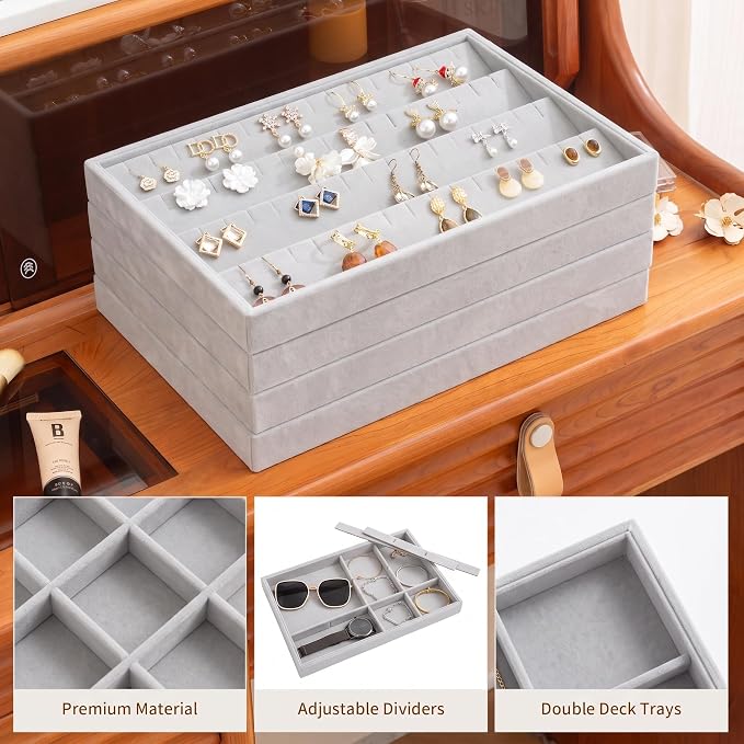 Jewelry Trays for Drawer,Set of 4 Jewelry Organizer and Storage | Velvet Material,Stackable,Adjustable Dividers,Drawer Inserts for Rings Studs Bracelet,Earring Organizer for Women Girls - Image 4