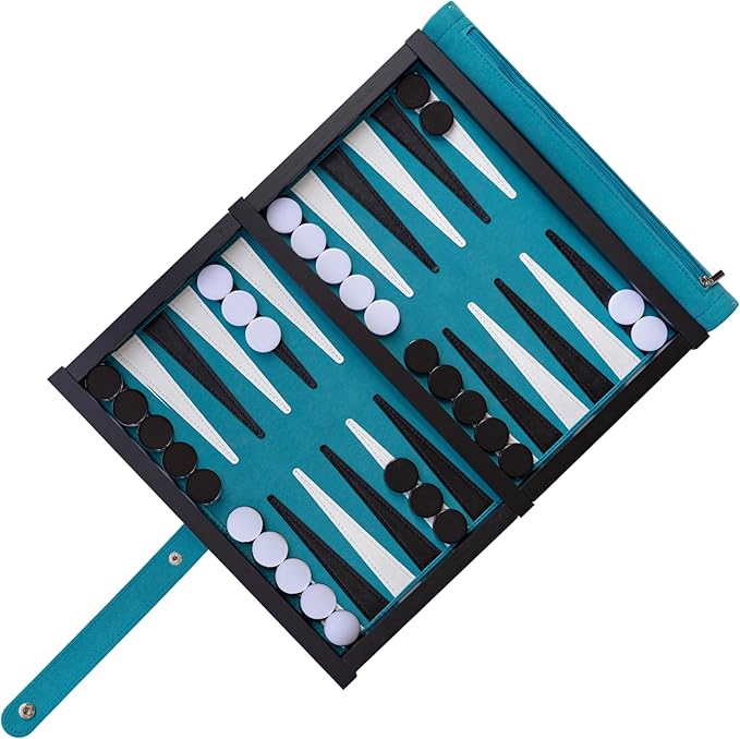 Travel Backgammon Set Deluxe – Roll-Up Board with Magnetic Wooden Frame, Dice Cups and Bag - Unique Travel Backgammon Set for Adults
