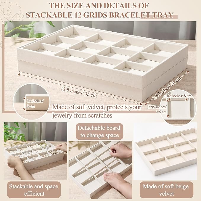 Cinnvoice 4 Pcs Stackable Jewelry Organizer Tray, 12 Grids Velvet Bracelet Ring Necklace Tray, Jewelry Organizer Trays for Drawer Display Selling Bangle Necklace Earring Showcase Storage(Beige) - Image 2
