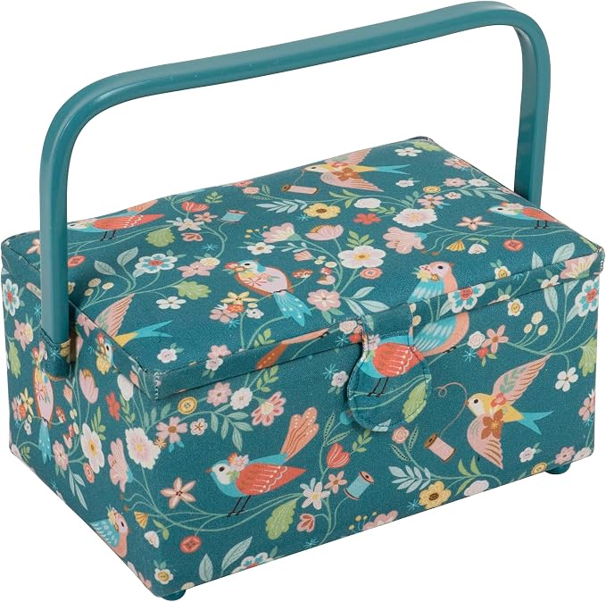 Hobby Gift Medium Sewing Box Organiser, Fabric Covered Storage Box with Handle, Internal Tray, Pin Cushion and Pocket for Sewing, Quilting and Knitting Supplies by HobbyGift
