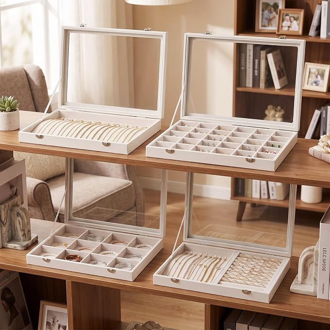 Leinuosen Jewelry Organizer Tray Set of 4 Stackable Wood Velvet,Beige | Large Jewelry Tray with Lid Glass, Velvet Lined, Dust-proof Necklaces Earrings Bracelet Ring Storage Display Drawer Box Case - Image 4
