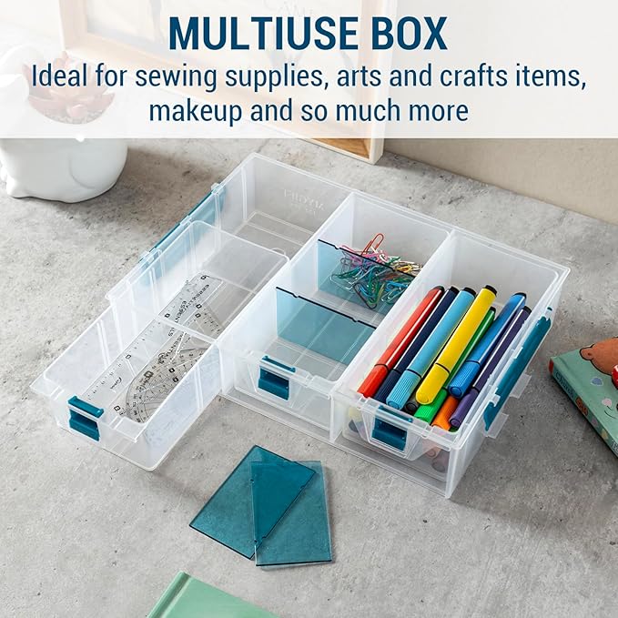 MyGift Single Stackable Tray, Add-on for 11 Inch Clear Arts & Crafts Storage Box with Blue Accents, 9 Compartment Sewing Supplies Organizer 3 Drawers and Removable Dividers - Image 4