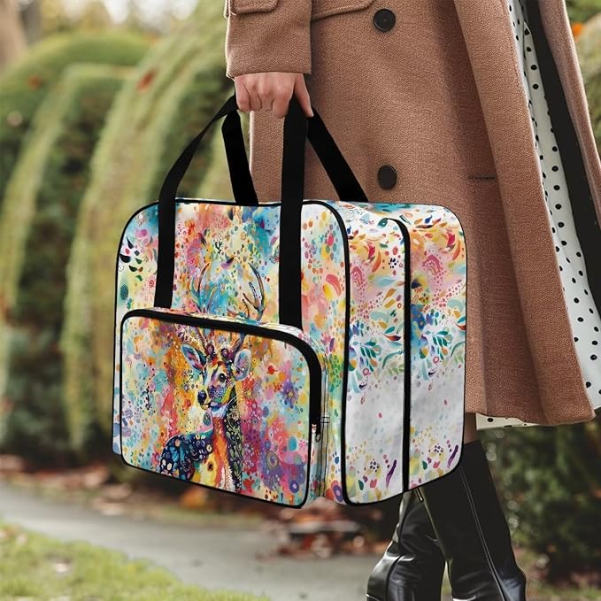 Sewing Machine Storage Case Versatile Sewing Machine Dust Bag Large Capacity Tote Bag Portable Organizer Bag with Handle and Soft Cushion, Oil Paint Deer - Image 3