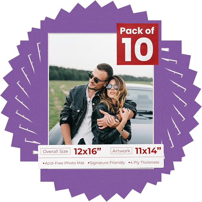 11x14 Mat for 12x16 Frame - Precut Mat Board Acid-Free Show Kit with Backing Board, and Clear Bags Purple 11x14 Photo Matte Made to Fit a 12x16 Picture Frame Matboard for Framing, Pack of 10 Mats by PosterPalooza