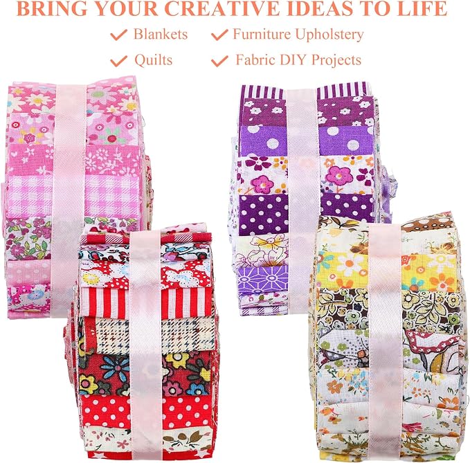 SmoothNovelty 160 Pcs 4 Rolls Fabric Strips, 2.44" x 39.3" Precut Quilting Roll, Cotton Strips Bundle for Quilting, Sewing, Crafting, Patchwork, Blanket, Rug, Upholstery(Cute Style) - Image 4