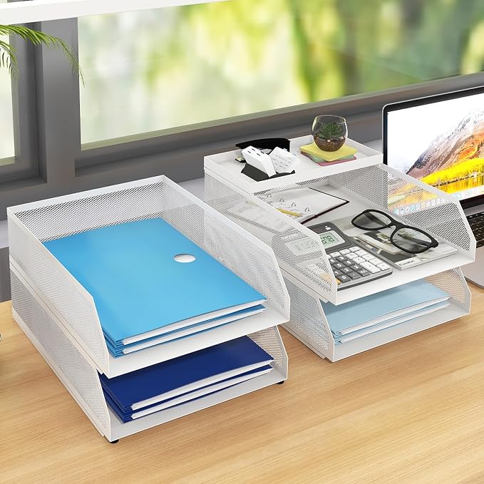 Natwind 4-Tier Stackable Metal Mesh Desk Paper Tray Organizer,White | Desktop Accessories for Office Supplies, Letter Tray For Paper Storage ,File Document Holder For Home School Classroom - Image 6