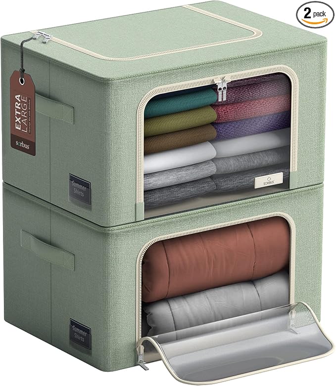Sorbus Jumbo Storage Bins with Metal Frame - Oxford Fabric Storage Containers with Large Clear Window & Carry Handles - Stackable & Foldable Clothes Organizer Bags for Bedding Linen, Clotheing & More by Sorbus
