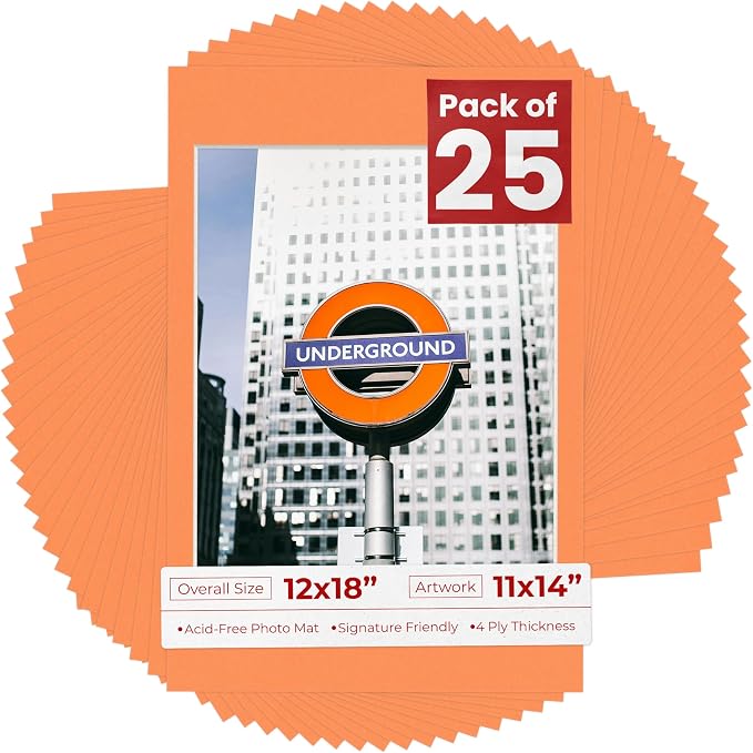 11x14 Mat for 12x18 Frame - Precut Mat Board Acid-Free Show Kit with Backing Board, and Clear Bags Orange 11x14 Photo Matte Made to Fit a 12x18 Picture Frame Matboard for Framing, Pack of 25 Mats by PosterPalooza