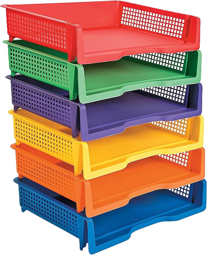 Fun Express Paper Organizer Stackable Plastic Trays 6 Pack - Colorful Desktop Organization System for Classroom & Office | Letter Size Paper Storage Bins for Teachers, Students & Home Use by FunExpress