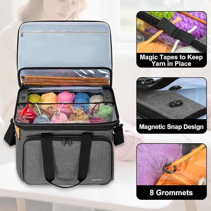 Teamoy Crochet Bag, Knitting Bag Yarn Storage Tote, Yarn Organizer, Gray | Yarn Holder for Crocheting, with Inner Divider and Cover, for Yarn Skeins, Project, Knitting Needles, and Crochet Supplies - Image 2