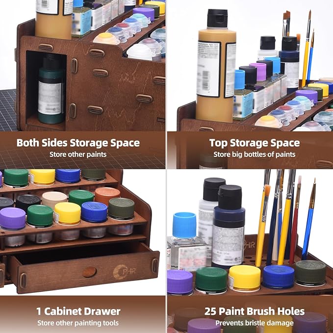 50 Holes Wooden Paint Holder Rack for Model Paints, Painting Brushes | 1.42" Dia Holes Fit 10/12/18/24ml Model Paints, Includes 1 Drawer, 25 Brush Holes, Painting Brush Holder wth 24 Slots - Image 4