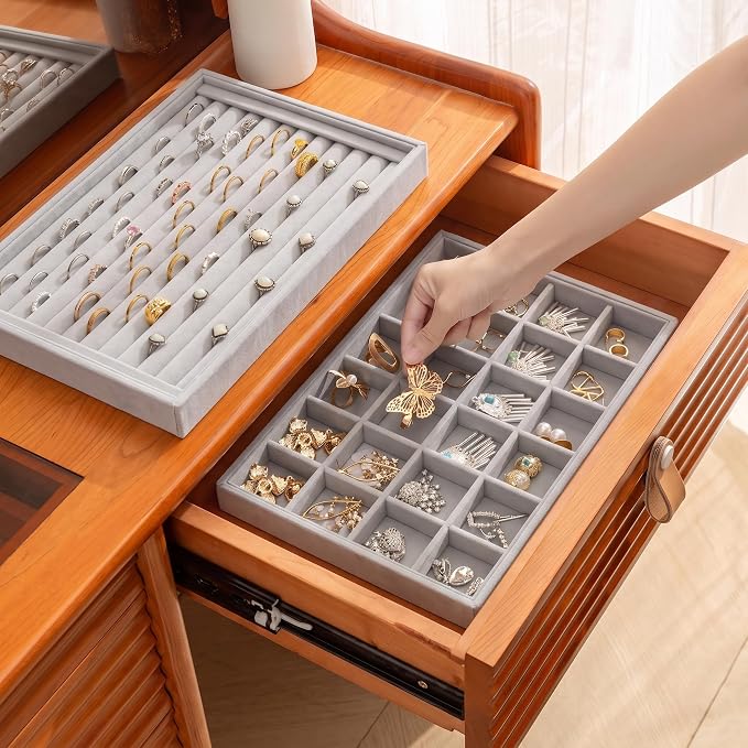 Jewelry Trays for Drawer,Set of 4 Jewelry Organizer and Storage | Velvet Material,Stackable,Adjustable Dividers,Drawer Inserts for Rings Studs Bracelet,Earring Organizer for Women Girls - Image 2