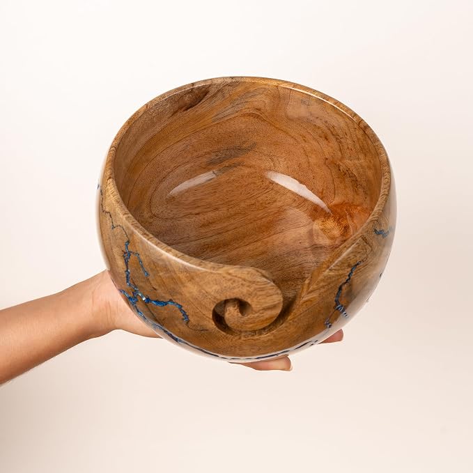 Cute Wooden Yarn Bowl for Crocheting, 7x4inch Large Mango wood Crochet Holder Gift Accessories and Knitting Gadgets Supplies Handcrafted with Fractal Wood Burning & Blue Resin Inlay (M-Blue) - Image 9