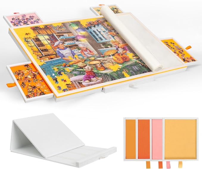 Tektalk Jigsaw Puzzle Table with Integrated Adjustable Stand/Bracket, 3-Tilting-Angle Super Lightweight Felt Puzzle Plateau Board with Cover & 4 Sorting Drawers, for Up to 1000 Pieces - Orange by Tektalk